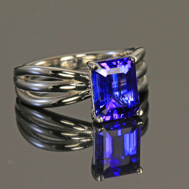 14K White Gold Emerald Cut Blue Violet Tanzanite Ring 2.68 Carats