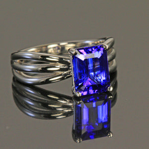 14K White Gold Emerald Cut Blue Violet Tanzanite Ring 2.68 Carats