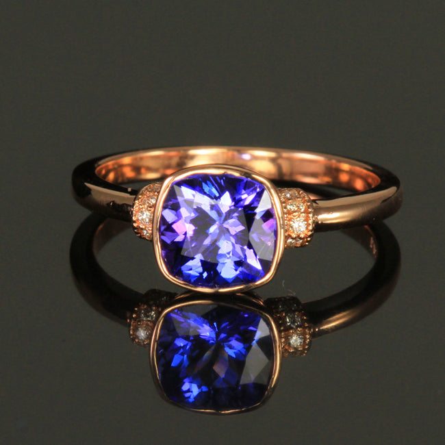 14K Rose Gold Square Cushion Tanzanite and Diamond Ring