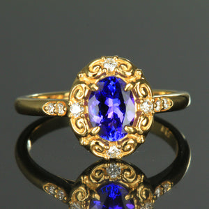18K Yellow Gold Oval Tanzanite and Diamond Ring