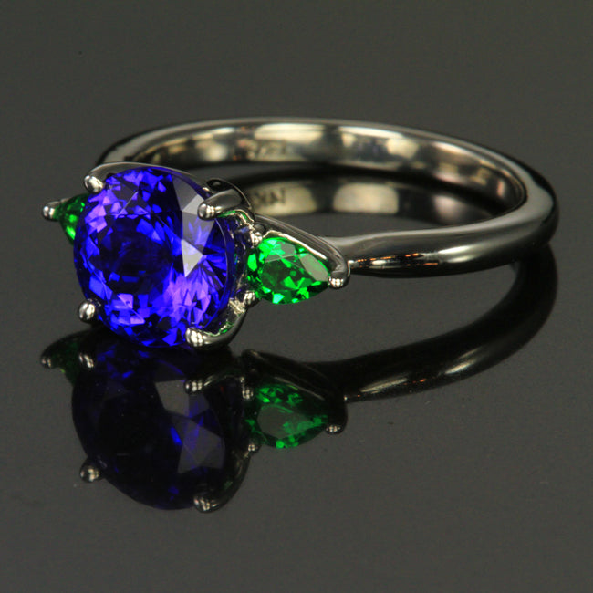14K White Gold Round Brilliant Tanzanite and Tsavorite Ring 2.46 Carats