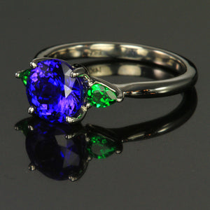 14K White Gold Round Brilliant Tanzanite and Tsavorite Ring 2.46 Carats