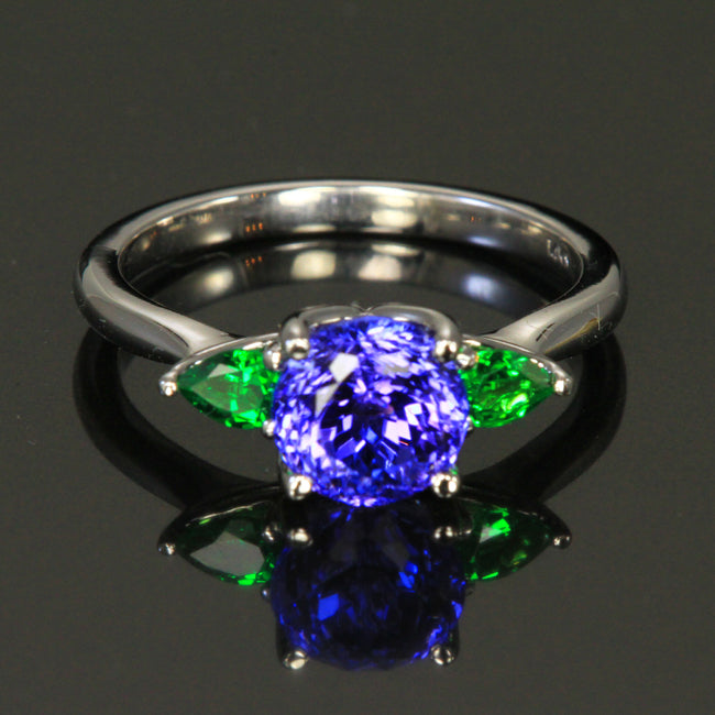 14K White Gold Round Brilliant Tanzanite and Tsavorite Ring