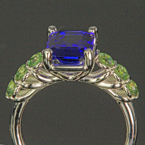 14K White Gold Emerald Cut Tanzanite and Demantoid Garnet Ring 2.91 Carats