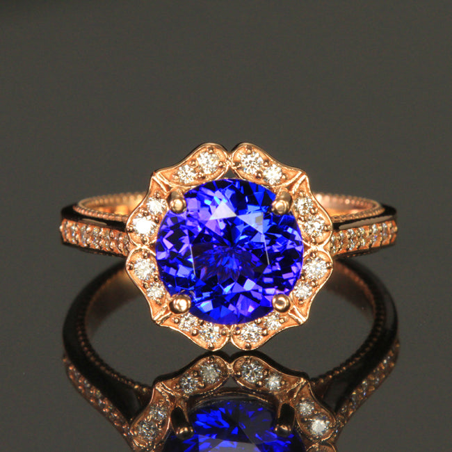 14K Rose Gold Round Brilliant Tanzanite and Diamonds Ring by Christopher Michael  3.44 Carats