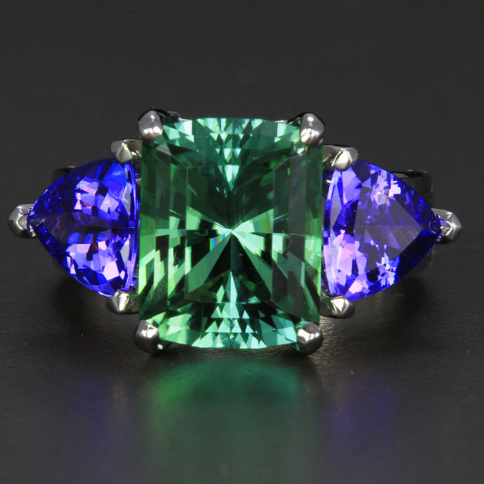 14K White Gold Barion Emerald Cut  Tourmaline and Tanzanite Ring 7.27 Carats